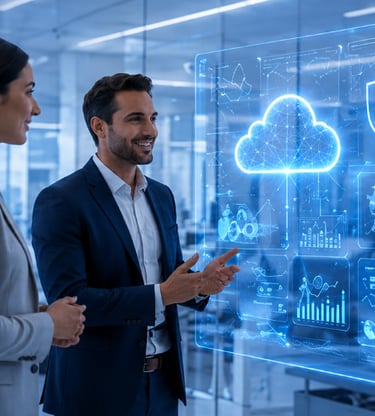 Business professionals analyzing a digital cloud computing and cybersecurity data interface in a modern office.