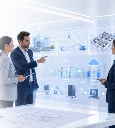 Business professionals interacting with a 3D digital interface showing cloud computing and smart building logistics.