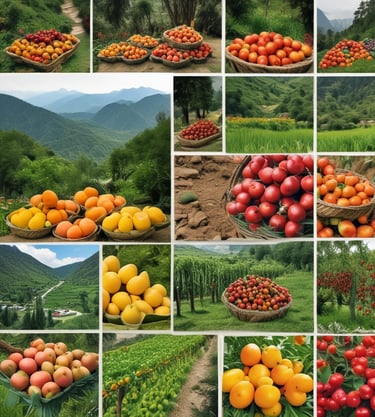 A vibrant assortment of fresh produce including bright orange oranges, deep red pomegranates, and green asparagus bundled together. The fruits and vegetables are displayed in cardboard boxes, creating a colorful and appetizing arrangement.