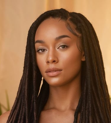 A photo of a Black woman with long, waist-length faux locs. The locs are styled with a realistic, natural texture and are met