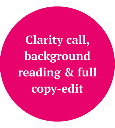 Text in circle: Clarity call, background reading and full copy-edit