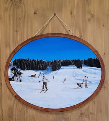 Ancienne piste de ski alpin du Jura peint en trompe-l'oeil sur une porte en bois.