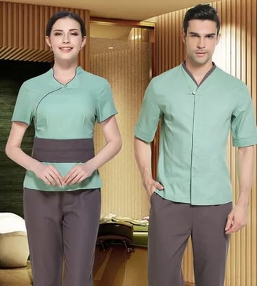 a man and woman in a Spa Uniform