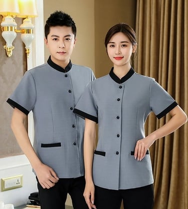 a man and woman in a hotel uniform