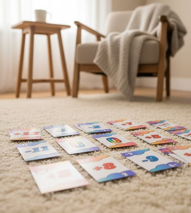 a living room with a chair, cards on the floor
