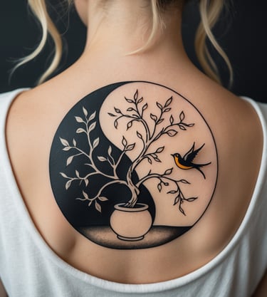 Tatuaggio su una schiena di ragazza: un albero in vaso in bianco e nero con una rondine