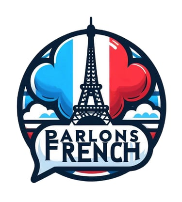 a business logo French classes the Eiffel Tower on a French flag background parlons French