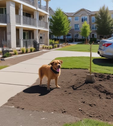 A clean yard with a happy dog playing.