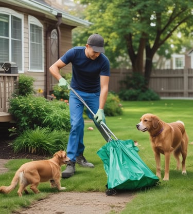 A clean yard with a happy dog playing.