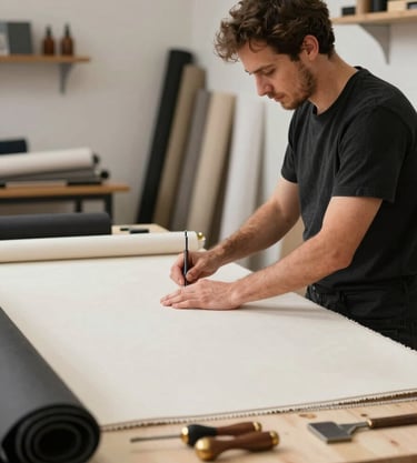 A refined workshop view showing a master craftsman handling high-end upholstery fabric. The environment is organized and professional, with a color palette of ivory, black, and bronze gold highlights in the tools and materials.