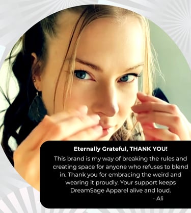 DreamSage Apparel Owner with a thank card saying thank you