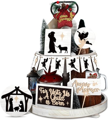 Nativity displayed on tiered tray