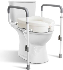 raised toilet seat with safety grab bars for assistance in standing