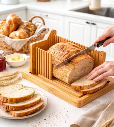 Slicing fresh homemade whole wheat bread using a bamboo bread slicer guide on a white kitchen counter.