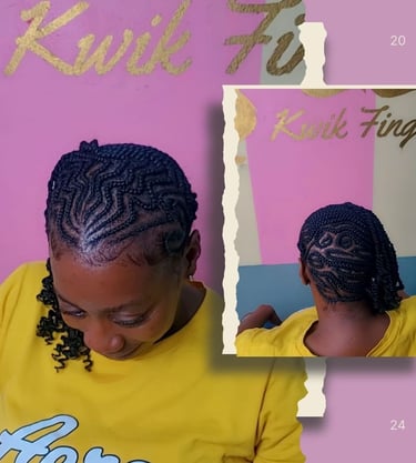 client rocking natural hair styled with sleek side cornrows at Kwik Fingaz Beauty Salon in Montego Bay.