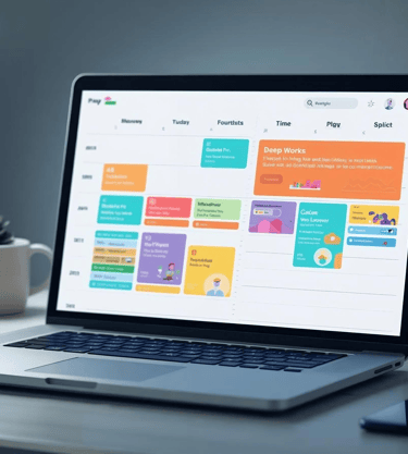 Laptop screen with time-blocked schedule showing focus and productivity.