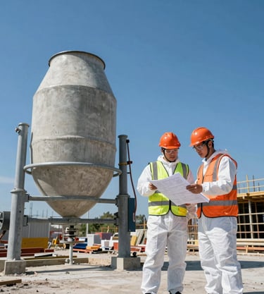 An engineer in full PPE, orange hard hat, high-vis vest, and protective glasses, reviewing blueprints on a clipboard next to a large concrete mixer on an active construction site, hard natural daylight, industrial documentary style.