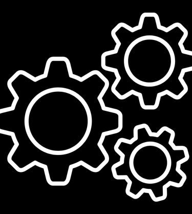 White outline icon of three interlocking gears symbolizing mechanical engineering and system optimization.