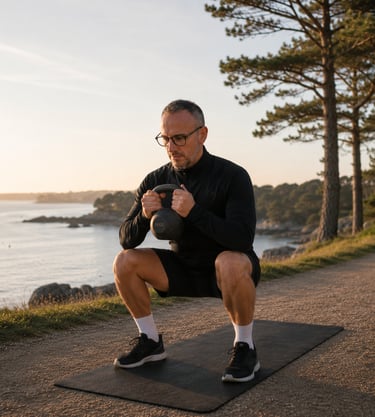 Entrainement fonctionnel d'un exercice de squat avec une kettlebell au bord du Golfe à Sarzeau