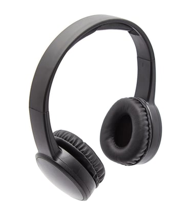 Black over-ear wireless headphones with cushioned earpads isolated on a white background.