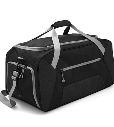 Durable black and grey sports duffel bag with multiple compartments and adjustable shoulder strap.