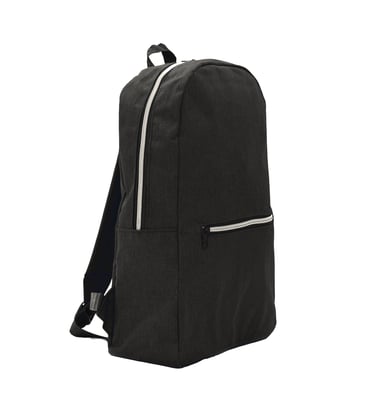 Durable black canvas backpack with silver zippers and adjustable straps for travel or school.