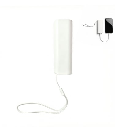 Portable white power bank with carrying strap charging a smartphone with a USB cable.