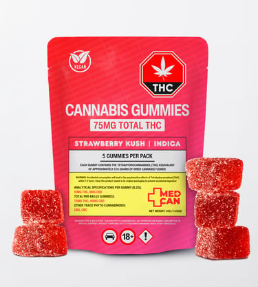 Red Strawberry Kush Indica cannabis gummies in a 75mg THC pouch for medical use.