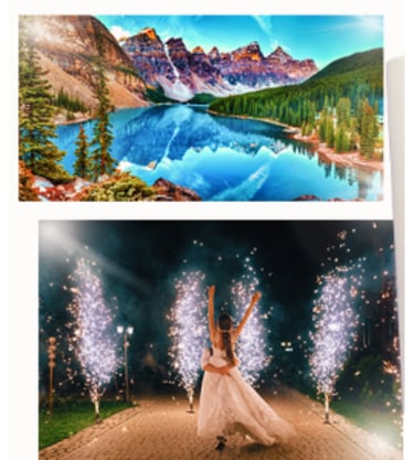 A landscape of Moraine Lake and a couple celebrating with wedding sparklers at night.