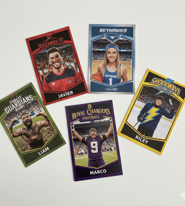 Customized sports trading cards for soccer, basketball, rugby, football, and hockey players.