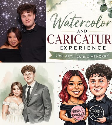A collage showing a couple in a photo, a watercolor portrait, and a digital caricature for live event art.