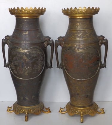 Japanese bronze vases with gold decoration by Eisuke