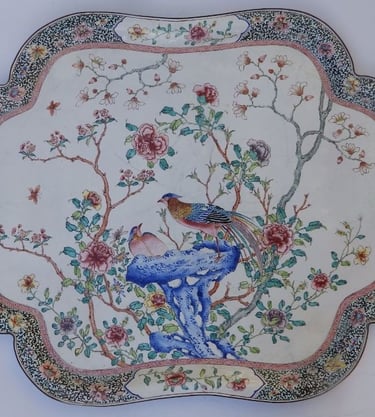 Chinese enamelled tray decorated with birds and flowers