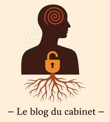 Silhouette avec spirale et cadenas ouvert, racines rouges symbolisant causes profondes