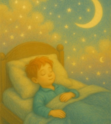 Enfant endormi paisiblement dans son lit, sous un ciel étoilé et une lune bienveillante.