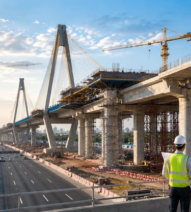 Bridge construction project with cranes and civil infrastructure development