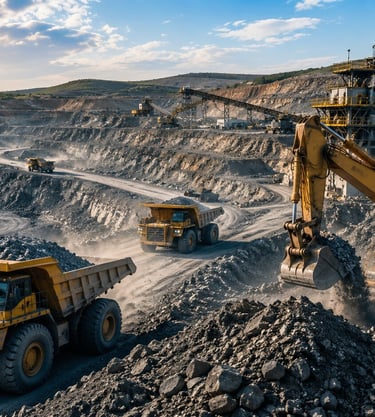 Mining operation with excavators and heavy haul trucks