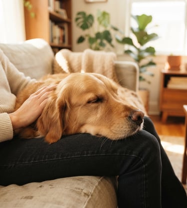 Close-up of a calm golden retriever resting its head on its owner's lap in a sunlit living room, soft natural indoor daylight, warm cream tones, shallow depth of field