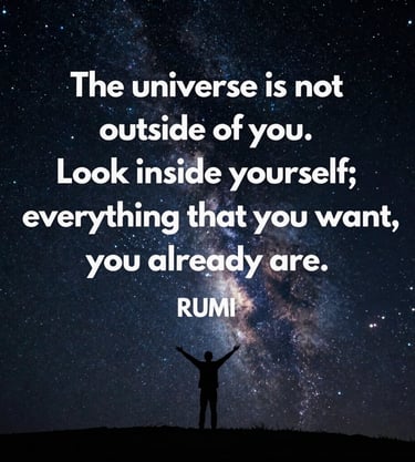 Inspirational Rumi quote about the universe and self-discovery over a starry night sky background.