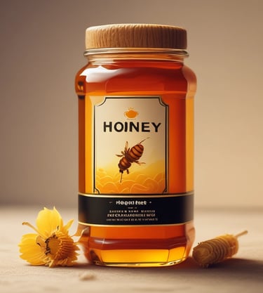 Glass jars of natural honey and herbal teas displayed on a wooden shelf.