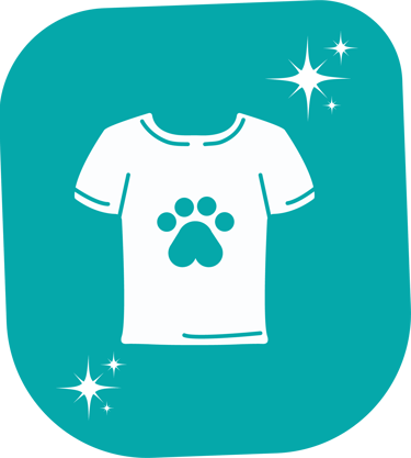 White t-shirt icon with a paw print and sparkles for pet hair removal laundry services.