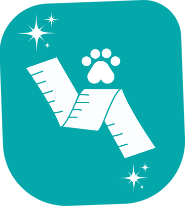 White dog paw print and measuring tape icon on a teal background for pet sizing and grooming services.