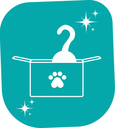 Teal icon of an open pet supply box with a paw print and hanger inside a sparkling frame.