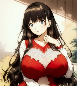 Anime girl with dark blue eyes, wearing a red and white sweater – SimcaArt gallery thumbnail..