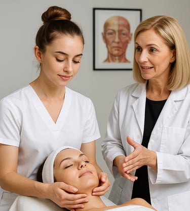 Professional esthetician instructor teaching a student facial massage techniques on a client in a spa clinic.