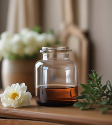 a bottle of liquid in a glass jar with a flower