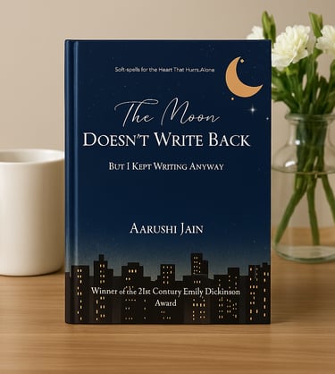 The display of the poetry book, "The Moon Doesn't Write Back" by the author, Aarushi Jain