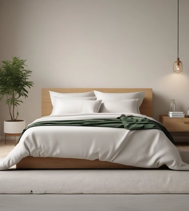 a bed with a blanket and a plant in the middle of it