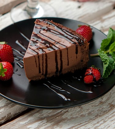 a chocolate cake with strawberries dessert in the restaurant table.Hospitality Startup Guidance