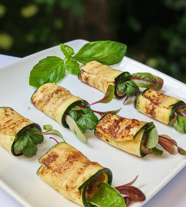 Zucchini Rollups with hazelnut butter, quinoa & herbs. Best personal chef Lake Oswego. Gluten-free